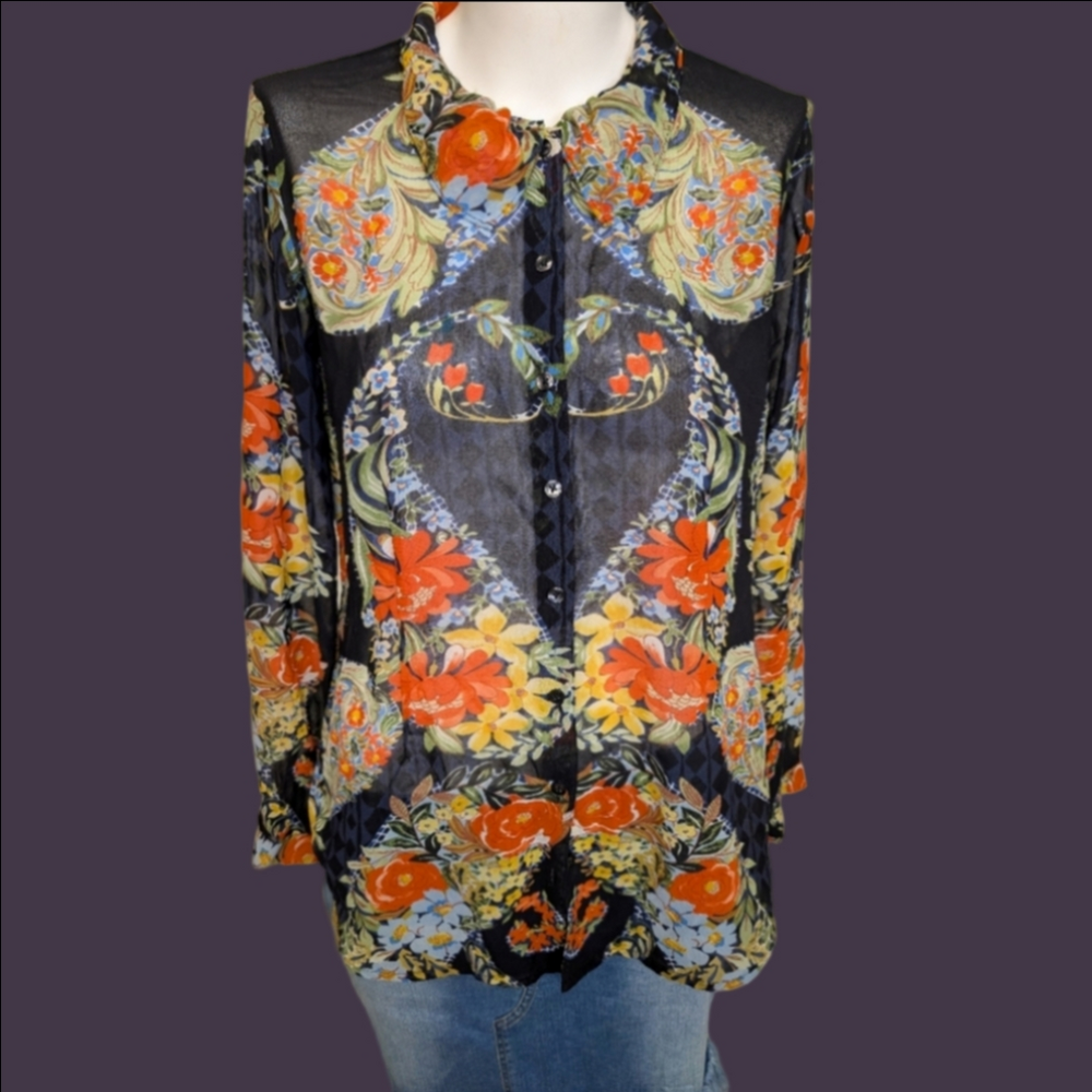 CABI Navy Blue Button Up Long Sleeve Sheer Fabric Bohemian Floral Blouse  Size M